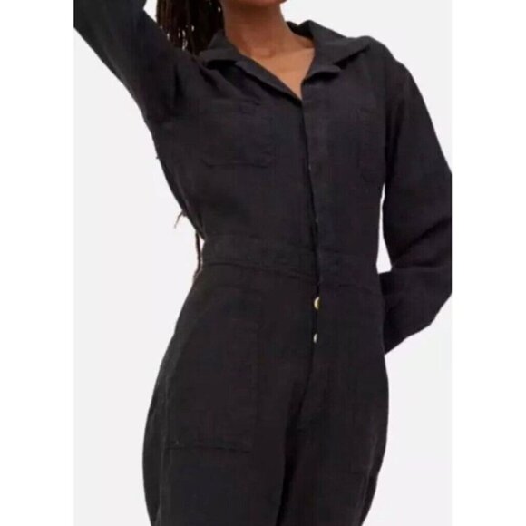 Mate The Label Women's Linen LS Jumpsuit SMALL Black Cropped Organic Pockets - Picture 6 of 10